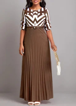 Dark Coffee Button Geometric Print Belted Maxi Dress -Elegance Swimwear Store 333167 P 16831997694193