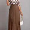 Dark Coffee Button Geometric Print Belted Maxi Dress