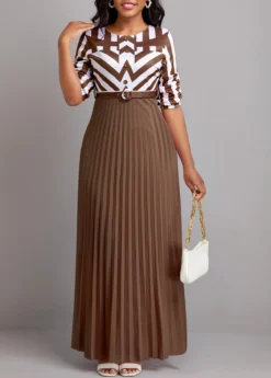 Dark Coffee Button Geometric Print Belted Maxi Dress