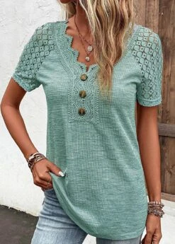 Plus Size Green Lace Short Sleeve T Shirt -Elegance Swimwear Store 333182 P 16831997657854
