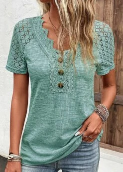Plus Size Green Lace Short Sleeve T Shirt -Elegance Swimwear Store 333182 P 16831997659590