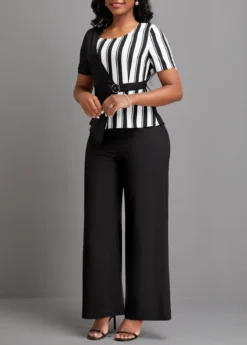 Black Patchwork Striped Ankle Length Short Sleeve Jumpsuit -Elegance Swimwear Store 333338 P 16866562002004