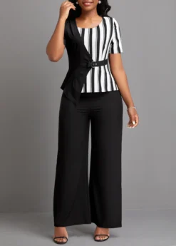 Black Patchwork Striped Ankle Length Short Sleeve Jumpsuit -Elegance Swimwear Store 333338 P 16866562002303