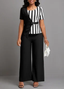 Black Patchwork Striped Ankle Length Short Sleeve Jumpsuit