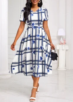 White Cut Out Geometric Print Short Sleeve Dress