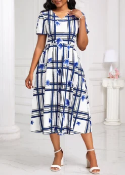 White Cut Out Geometric Print Short Sleeve Dress -Elegance Swimwear Store 333346 P 16873117724414