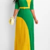Green Pleated Belted Half Sleeve Maxi Dress