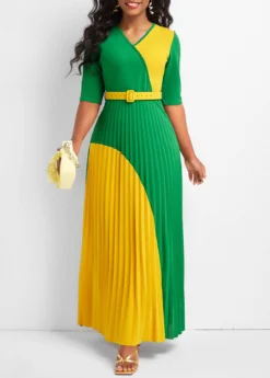 Green Pleated Belted Half Sleeve Maxi Dress