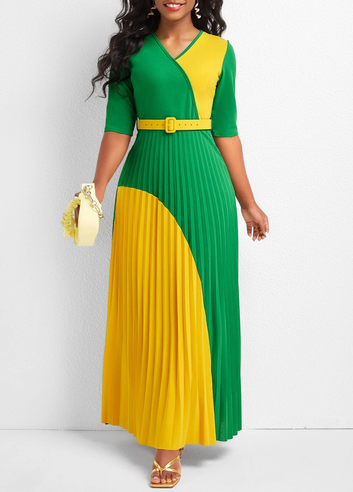 Green Pleated Belted Half Sleeve Maxi Dress 1 Green Pleated Belted Half Sleeve Maxi Dress