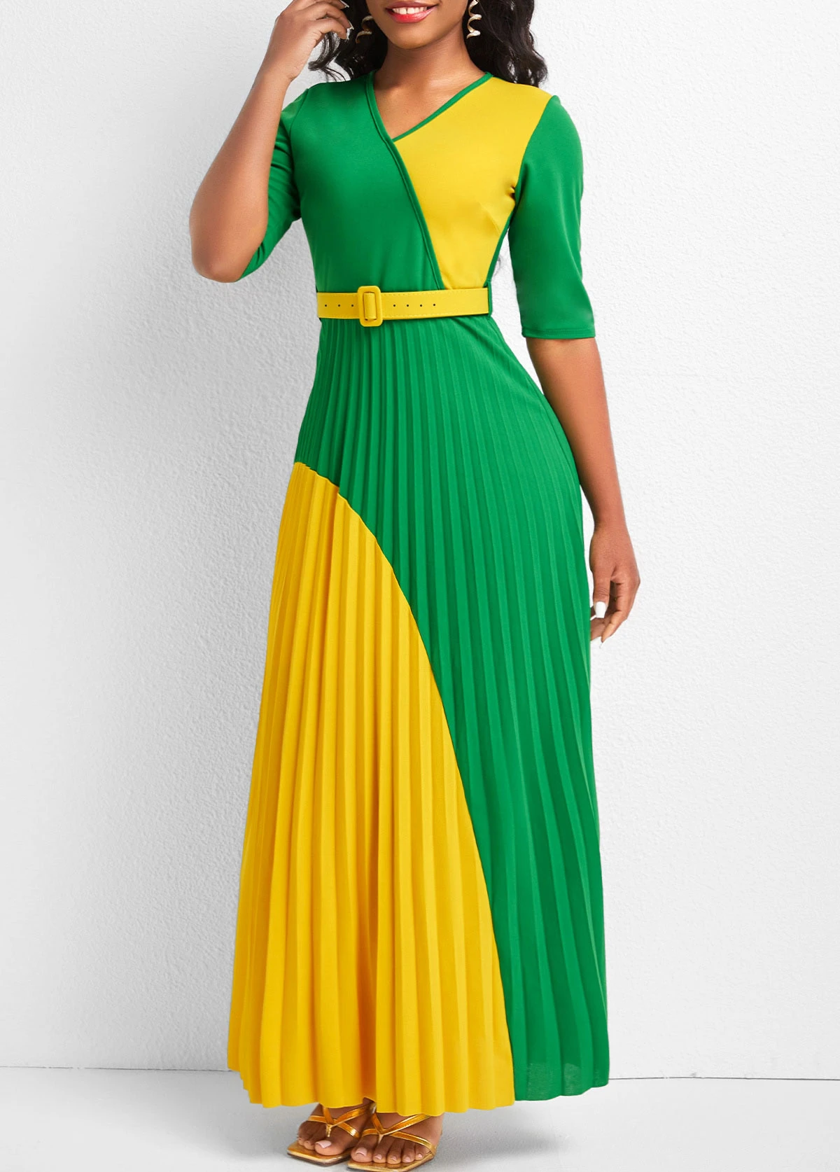 Green Pleated Belted Half Sleeve Maxi Dress 3 Green Pleated Belted Half Sleeve Maxi Dress - Image 3