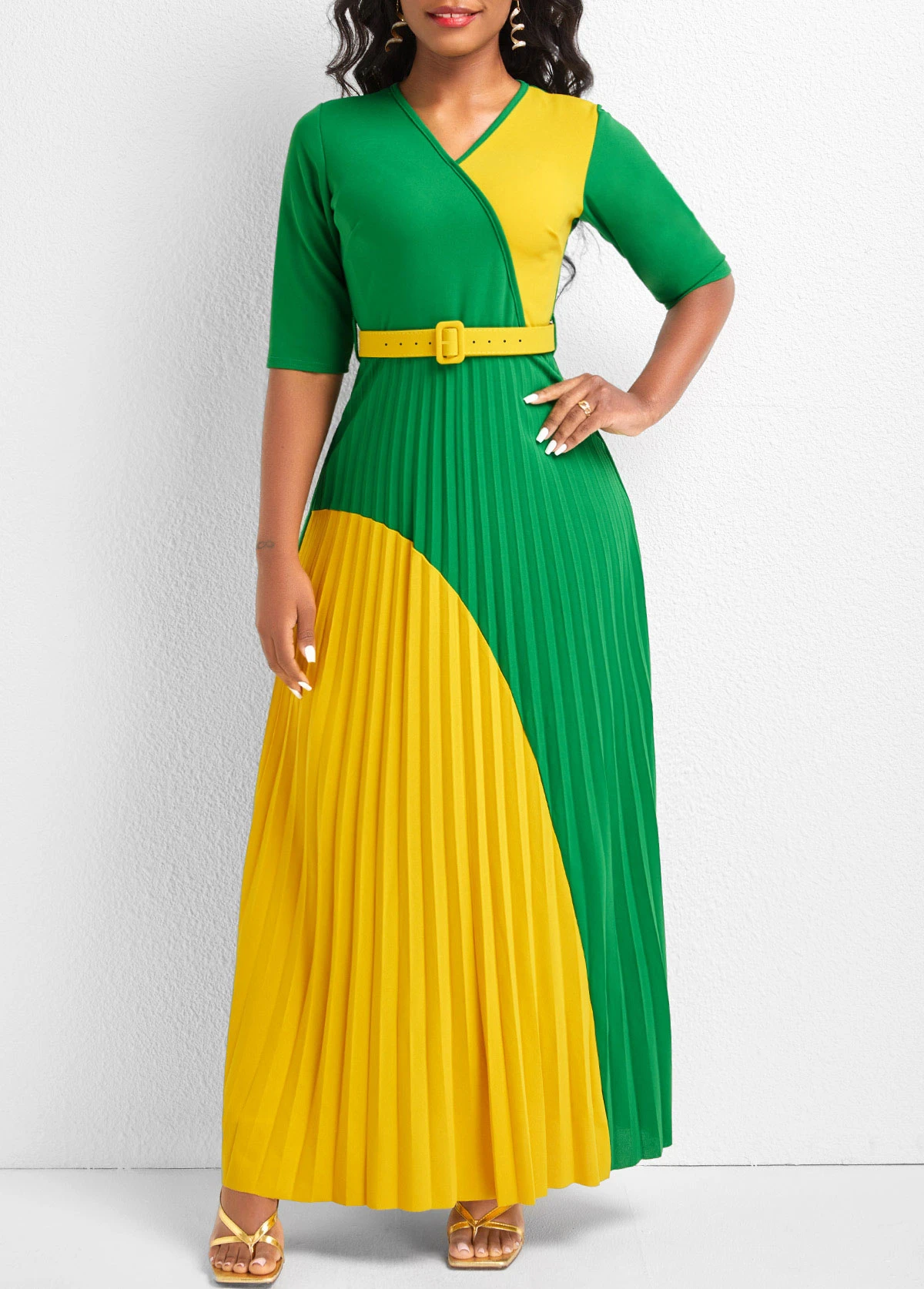 Green Pleated Belted Half Sleeve Maxi Dress 4 Green Pleated Belted Half Sleeve Maxi Dress - Image 4
