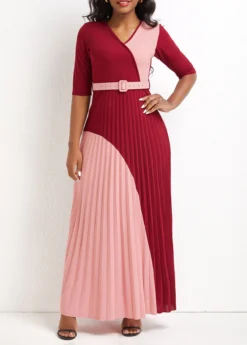 Deep Red Pleated Maxi Belted Half Sleeve Dress 7 Deep Red Pleated Maxi Belted Half Sleeve Dress -Elegance Swimwear Store 333422 P 16885456541432