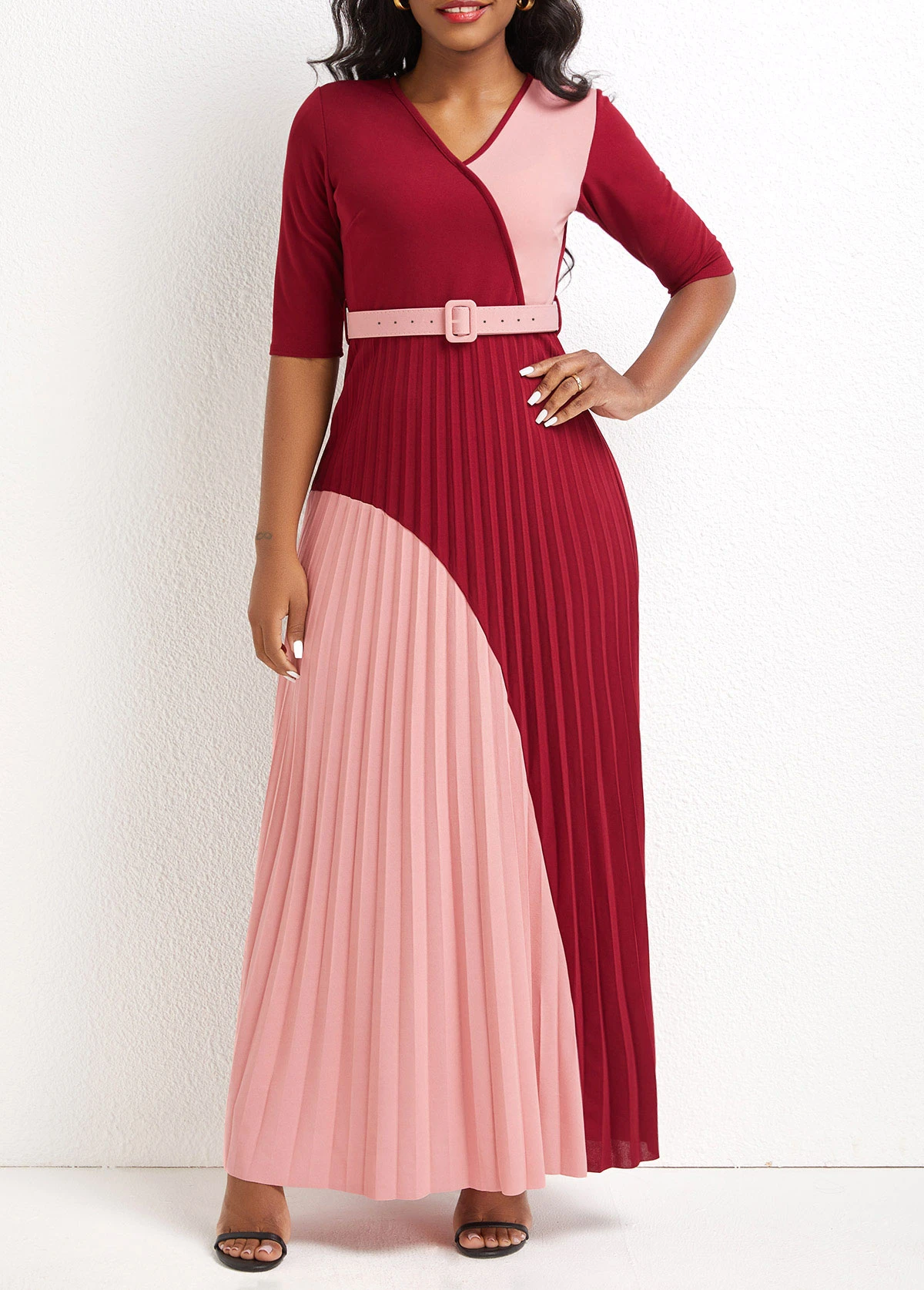 Deep Red Pleated Maxi Belted Half Sleeve Dress 3 Deep Red Pleated Maxi Belted Half Sleeve Dress - Image 3