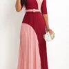 Deep Red Pleated Maxi Belted Half Sleeve Dress