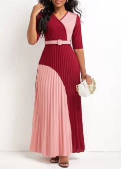 Deep Red Pleated Maxi Belted Half Sleeve Dress
