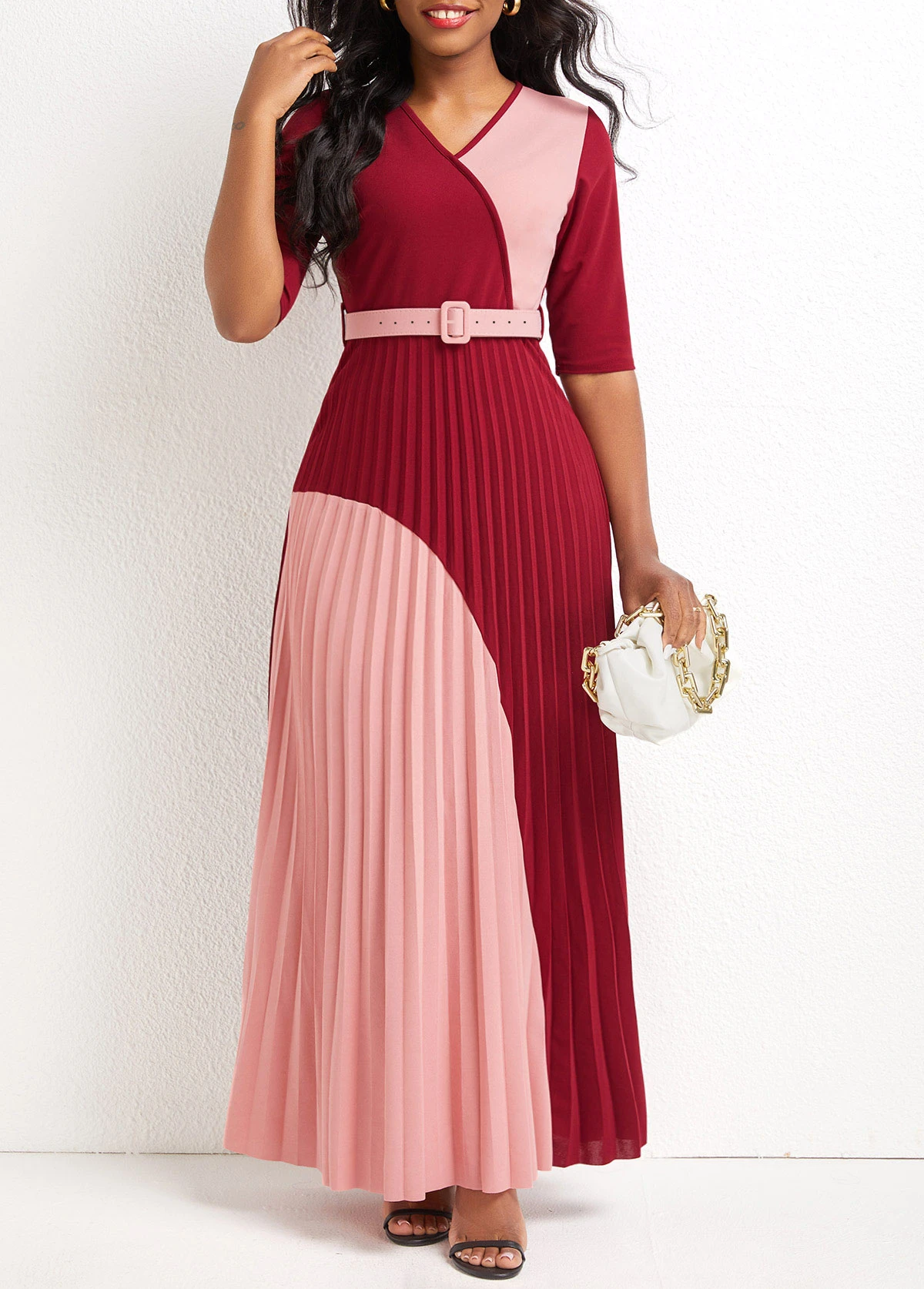 Deep Red Pleated Maxi Belted Half Sleeve Dress 1 Deep Red Pleated Maxi Belted Half Sleeve Dress