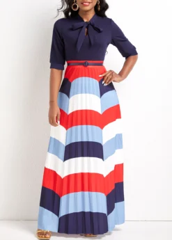 Navy Bowknot Wave Pattern Print Maxi Dress