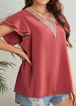 Coral Ruffle Plus Size Short Sleeve T Shirt -Elegance Swimwear Store 333486 P 1684215326790