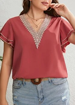 Coral Ruffle Plus Size Short Sleeve T Shirt