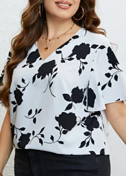 White Ruffle Plus Size Floral Print T Shirt -Elegance Swimwear Store 333488 P 1684215283518