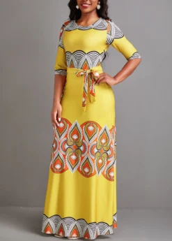 Yellow Tie African Tribal Print Belted Maxi Dress -Elegance Swimwear Store 333520 P 16853453762752