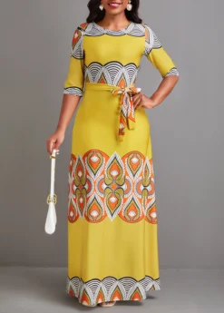 Yellow Tie African Tribal Print Belted Maxi Dress -Elegance Swimwear Store 333520 P 16853453764284