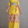 Yellow Tie African Tribal Print Belted Maxi Dress