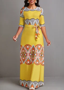 Yellow Tie African Tribal Print Belted Maxi Dress