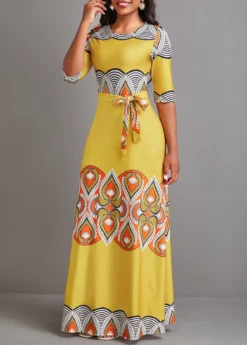 Yellow Tie African Tribal Print Belted Maxi Dress -Elegance Swimwear Store 333520 P 16853453768243