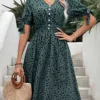 Blackish Green Button Polka Dot Short Sleeve Dress
