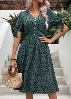 Blackish Green Button Polka Dot Short Sleeve Dress