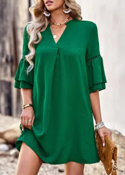 Split Neck Green Patchwork Short Shift Dress -Elegance Swimwear Store 333586 P 1683595927129