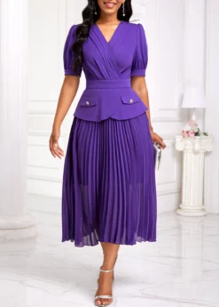 Purple Pleated Half Sleeve V Neck Dress 8 Purple Pleated Half Sleeve V Neck Dress -Elegance Swimwear Store 333604 P 16869222790113