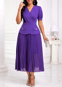 Purple Pleated Half Sleeve V Neck Dress 7 Purple Pleated Half Sleeve V Neck Dress -Elegance Swimwear Store 333604 P 16869222790212
