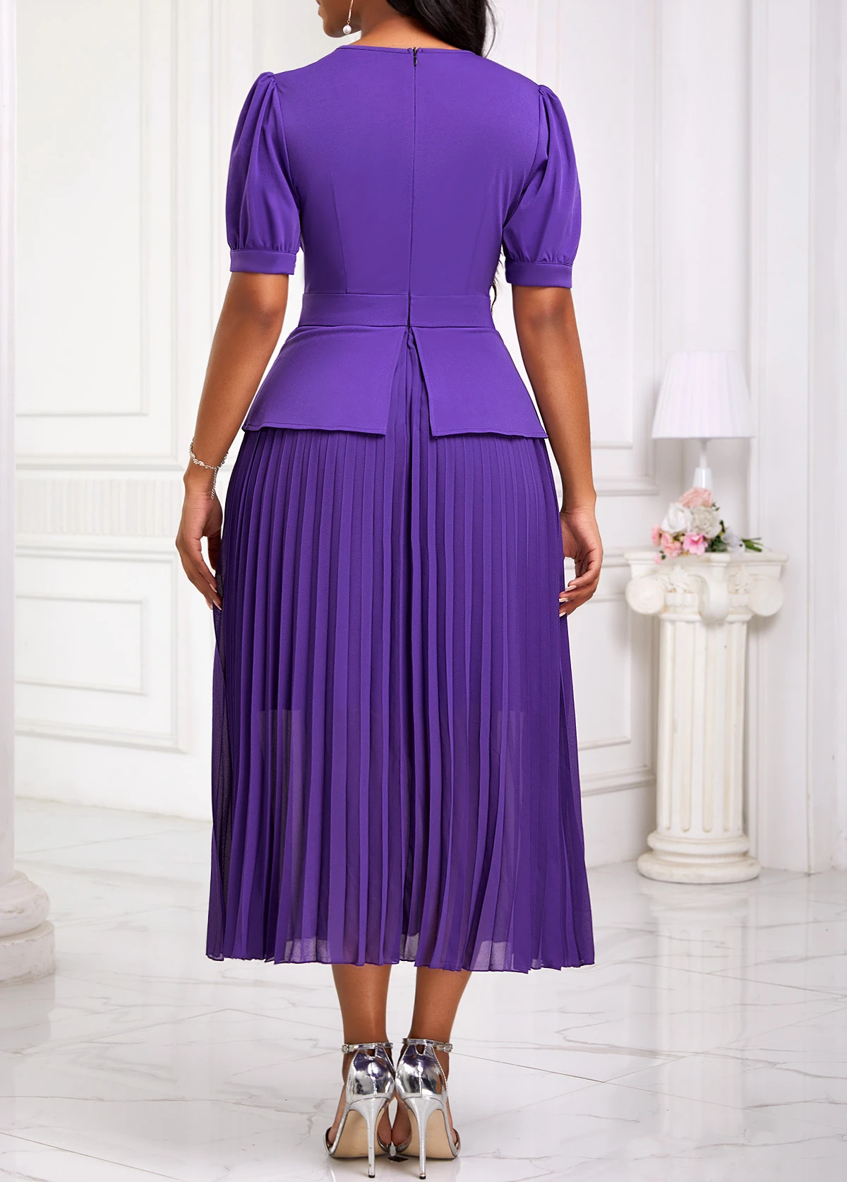 Purple Pleated Half Sleeve V Neck Dress 2 Purple Pleated Half Sleeve V Neck Dress - Image 2