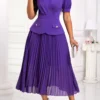 Purple Pleated Half Sleeve V Neck Dress