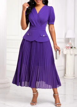 Purple Pleated Half Sleeve V Neck Dress