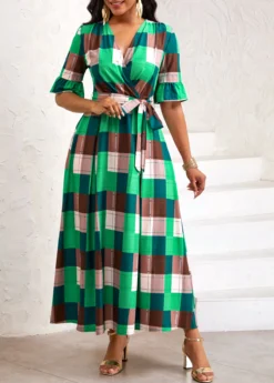 Green Tie Plaid Belted Half Sleeve Dress