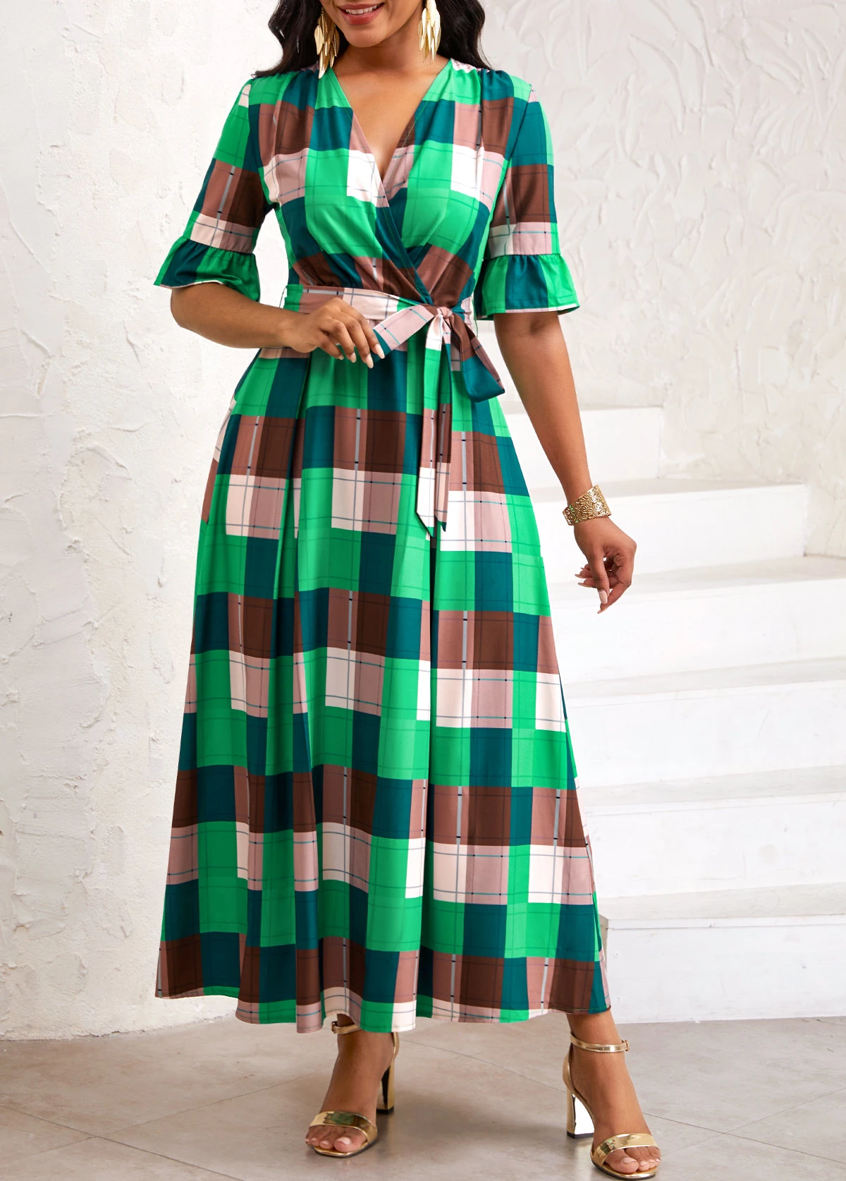 Green Tie Plaid Belted Half Sleeve Dress 1 Green Tie Plaid Belted Half Sleeve Dress