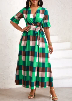 Green Tie Plaid Belted Half Sleeve Dress 9 Green Tie Plaid Belted Half Sleeve Dress -Elegance Swimwear Store 333608 P 16866558863804