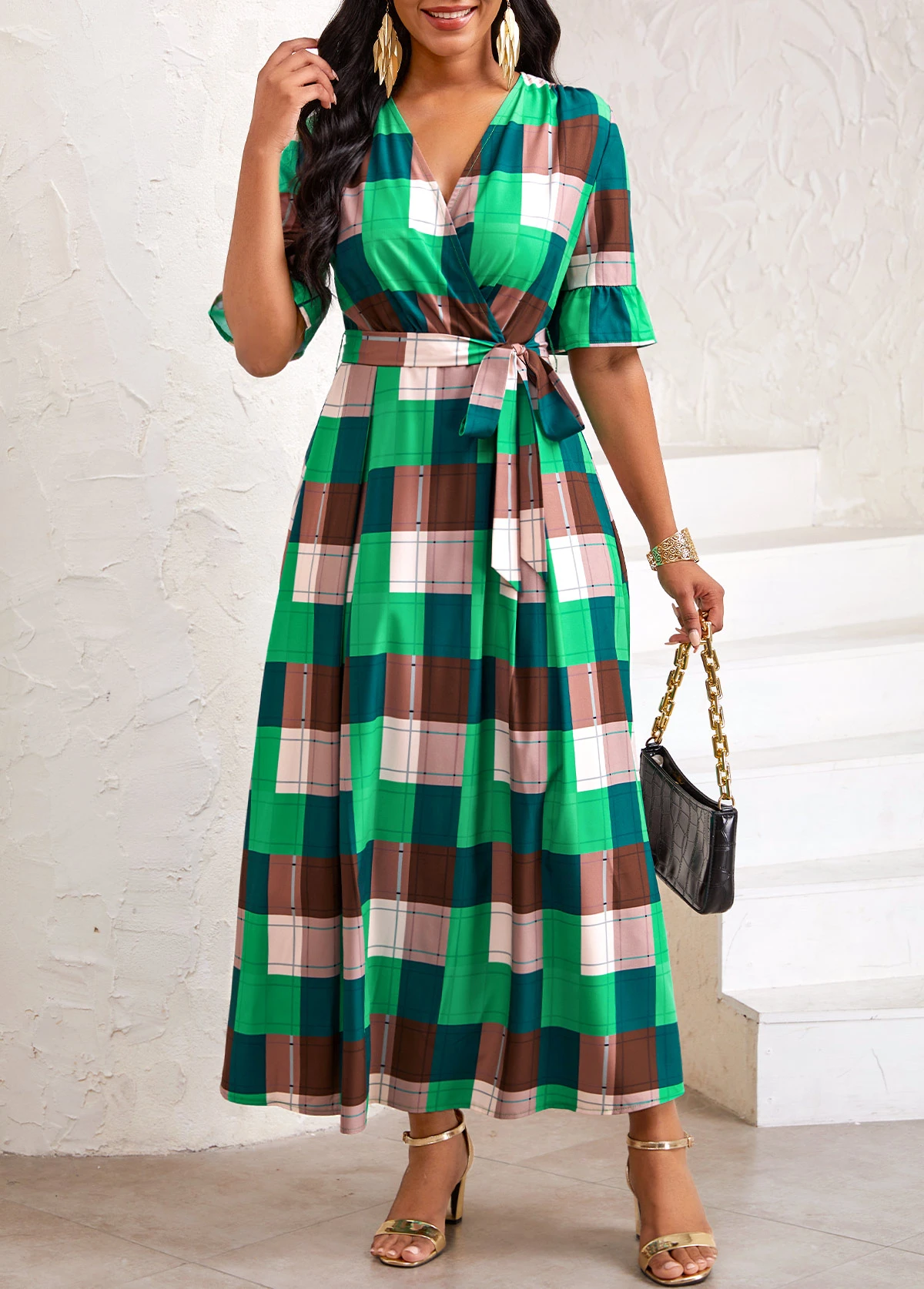 Green Tie Plaid Belted Half Sleeve Dress 2 Green Tie Plaid Belted Half Sleeve Dress - Image 2
