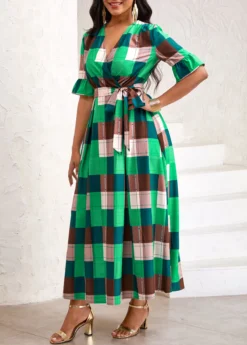 Green Tie Plaid Belted Half Sleeve Dress 8 Green Tie Plaid Belted Half Sleeve Dress -Elegance Swimwear Store 333608 P 16866558867492