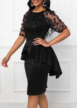 Black Patchwork Half Sleeve Round Neck Bodycon Dress -Elegance Swimwear Store 333945 P 16940844158202