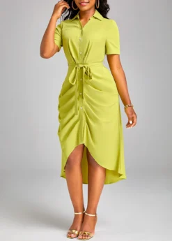 Avocado Green Ruched High Low Belted Dress -Elegance Swimwear Store 333960 P 16857046670512