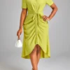 Avocado Green Ruched High Low Belted Dress