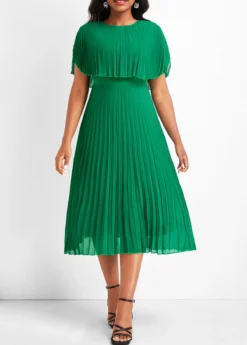 Green Pleated Short Sleeve Round Neck Dress 7 Green Pleated Short Sleeve Round Neck Dress -Elegance Swimwear Store 334093 P 16868344850572