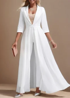 White Sequin Ankle Length Lapel Regular Jumpsuit -Elegance Swimwear Store 334253 P 1691030343912