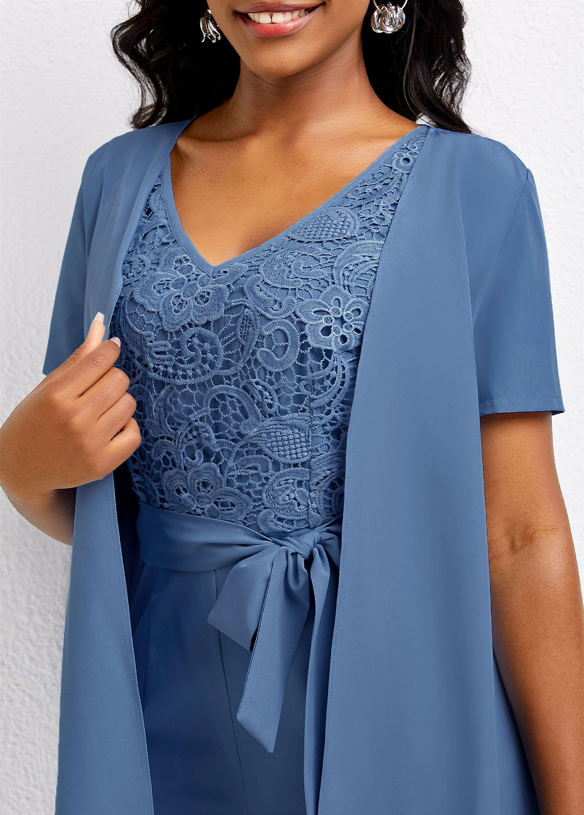 Dusty Blue Bowknot Capri Short Sleeve Jumpsuit 5 Dusty Blue Bowknot Capri Short Sleeve Jumpsuit - Image 5