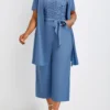 Dusty Blue Bowknot Capri Short Sleeve Jumpsuit