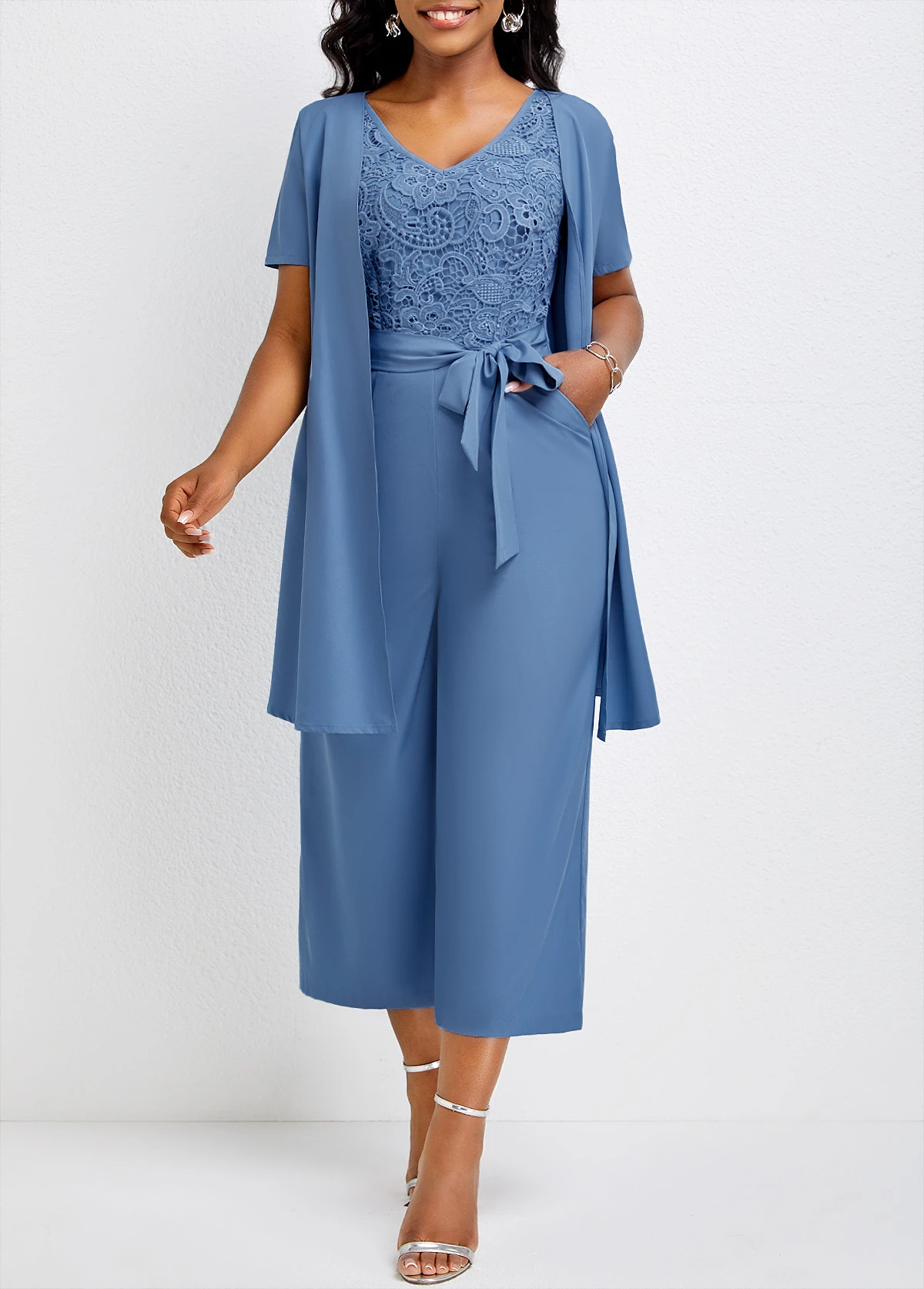 Dusty Blue Bowknot Capri Short Sleeve Jumpsuit 1 Dusty Blue Bowknot Capri Short Sleeve Jumpsuit